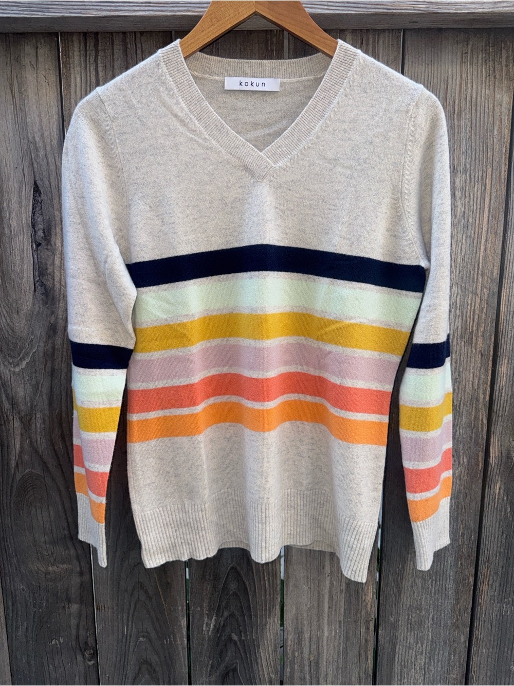 KOKUN NYC CASHMERE Stripe V Neck sweater Size Medium